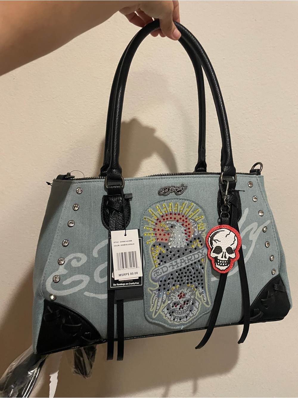 Ed Hardy Women's Light Blue Canvas Studded Satchel with Skull Charm